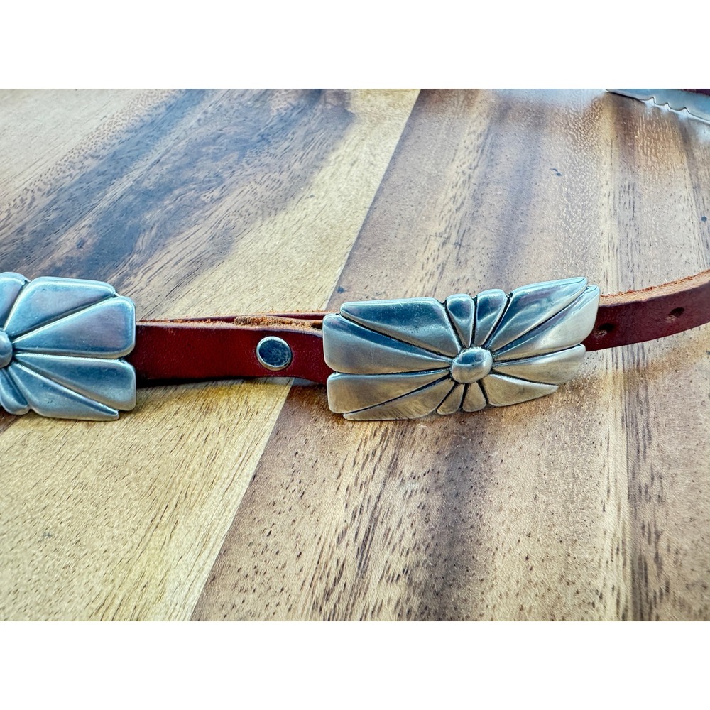 Concho Belt Women OS Brown Silver Western Sunburst Leather Boho Cowgirl - Picture 8 of 12